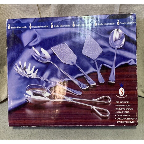 New Studio Silversmiths 5 Piece 12" Serving Set SilverPlated SaladTong SpoonFork - Picture 5 of 7